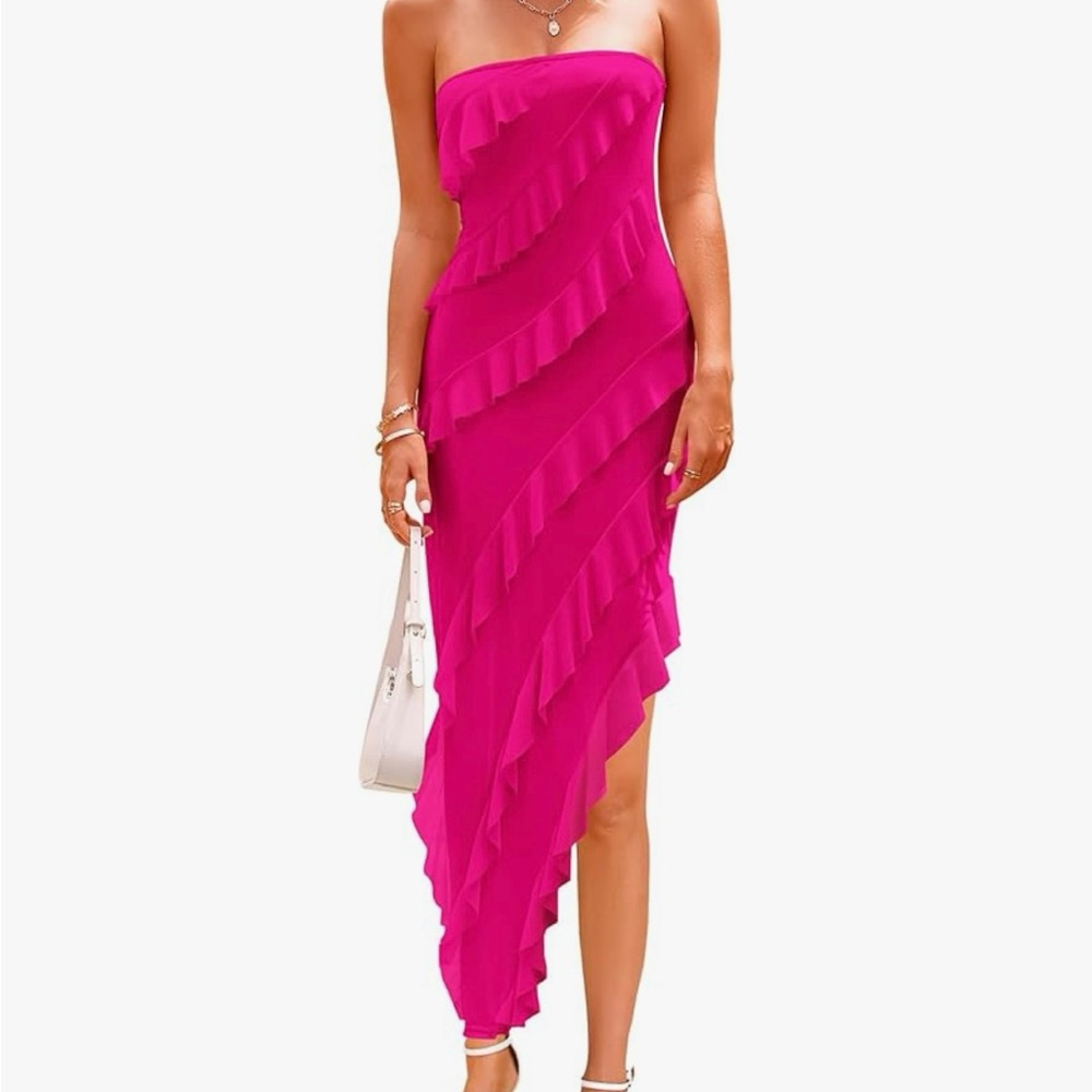 Chic Strapless Fuchsia Ruffle Dress